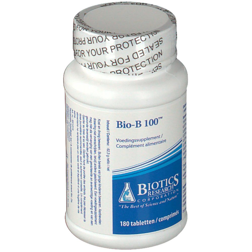 Flacon de comprimés blanc avec texte Bio-B 100. Étiquettes bleues et blanches avec texte. 180 comprimés.