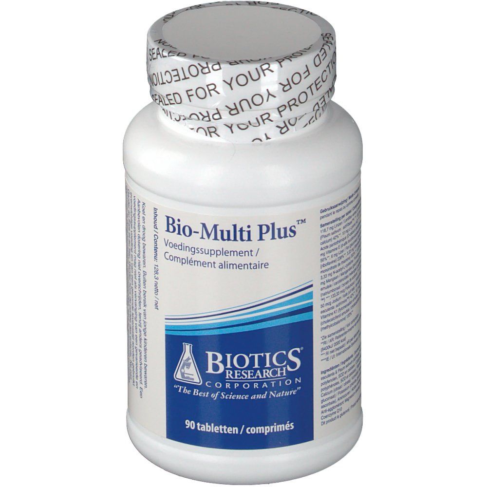 Flacon blanc avec bouchon à vis. Inscription : Bio-Multi Plus, Biotics Research Corporation. 90 comprimés.
