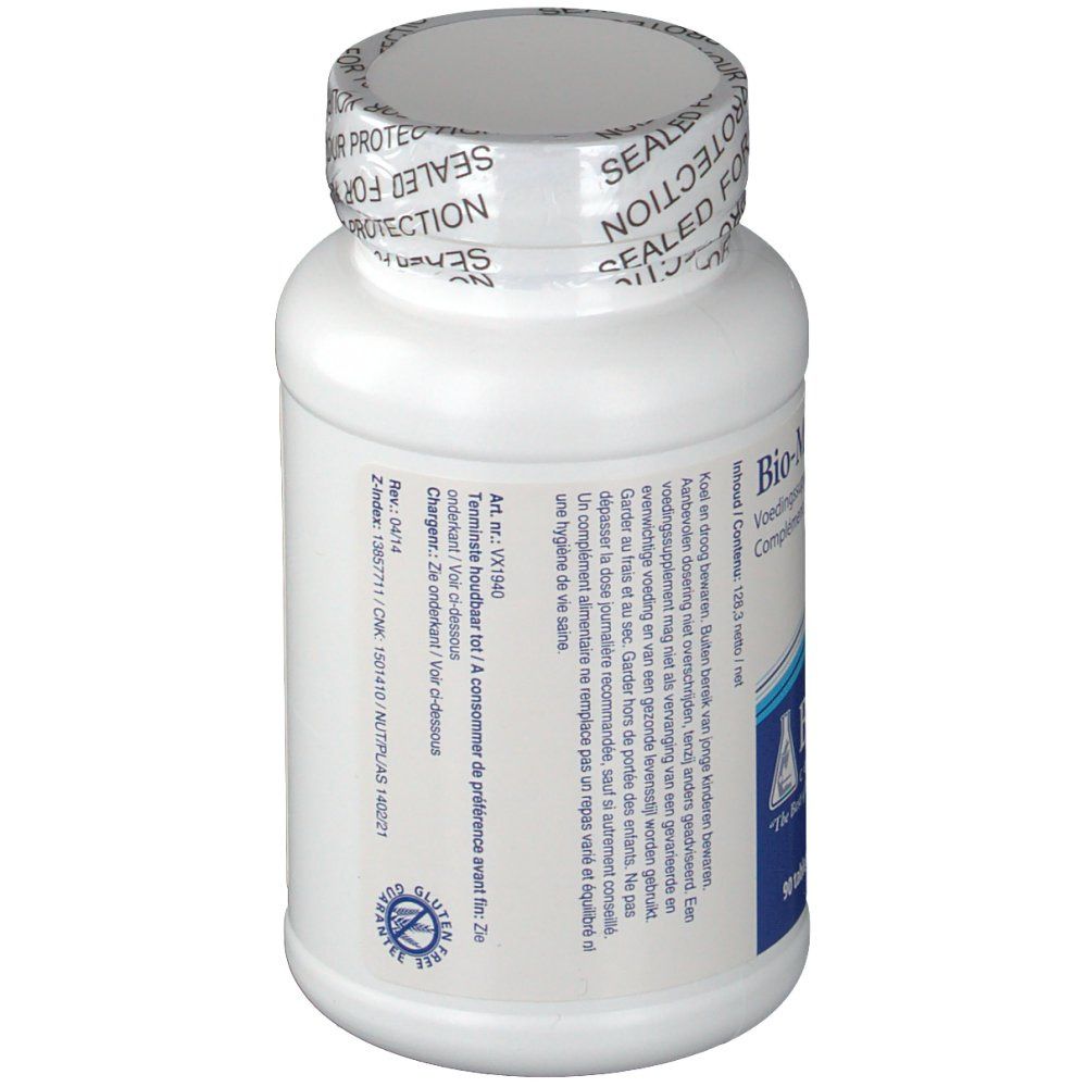 Flacon blanc avec bouchon à vis. Texte avec informations sur le produit et avertissements.