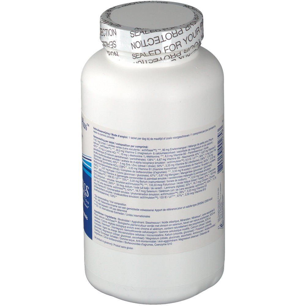 Witte fles met schroefdop. Opschrift "SEALED FOR YOUR PROTECTION". Etiket met productinformatie.