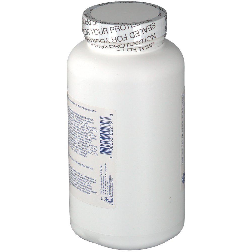 Witte fles met schroefdop. Etiket met productinformatie en barcode. Opschrift "SEALED FOR YOUR PROTECTION".