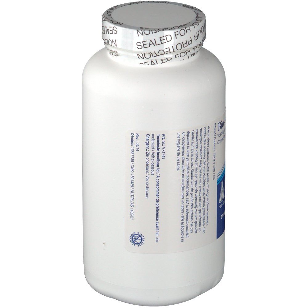 Witte fles met schroefdop. Etiket met productinformatie. Opschrift "SEALED FOR YOUR PROTECTION".