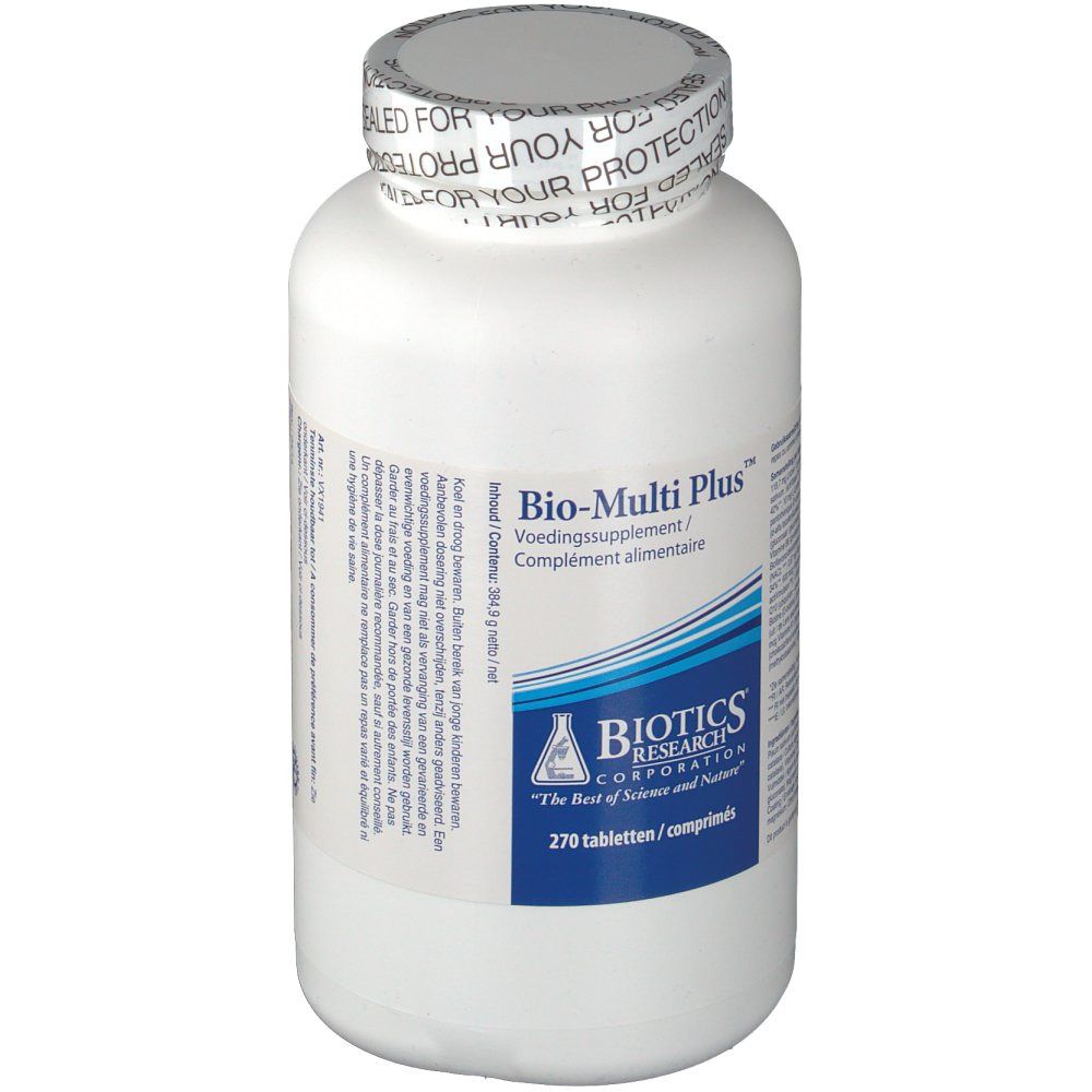 Witte fles met schroefdop. Opschrift "Bio-Multi Plus". Etiket met productinformatie en 270 tabletten.