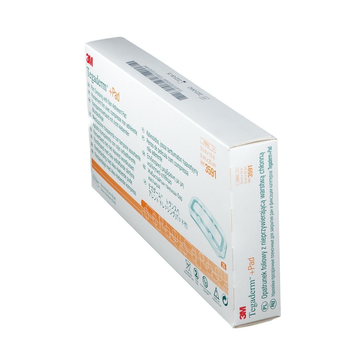 Vue latérale de l'emballage 3M Tegaderm + Pad. Informations produit et code-barres visibles.