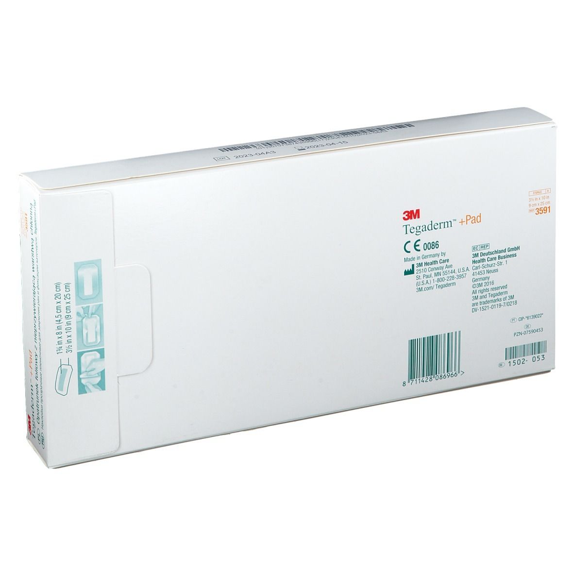 Dos de l'emballage 3M Tegaderm + Pad. Informations produit, marquage CE et code-barres.
