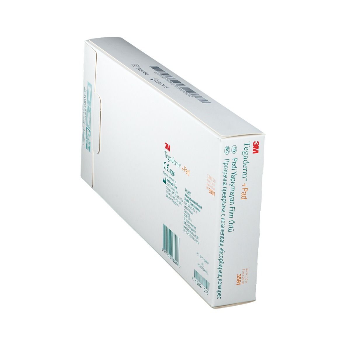 Vue latérale de l'emballage 3M Tegaderm + Pad. Informations produit et code-barres visibles.
