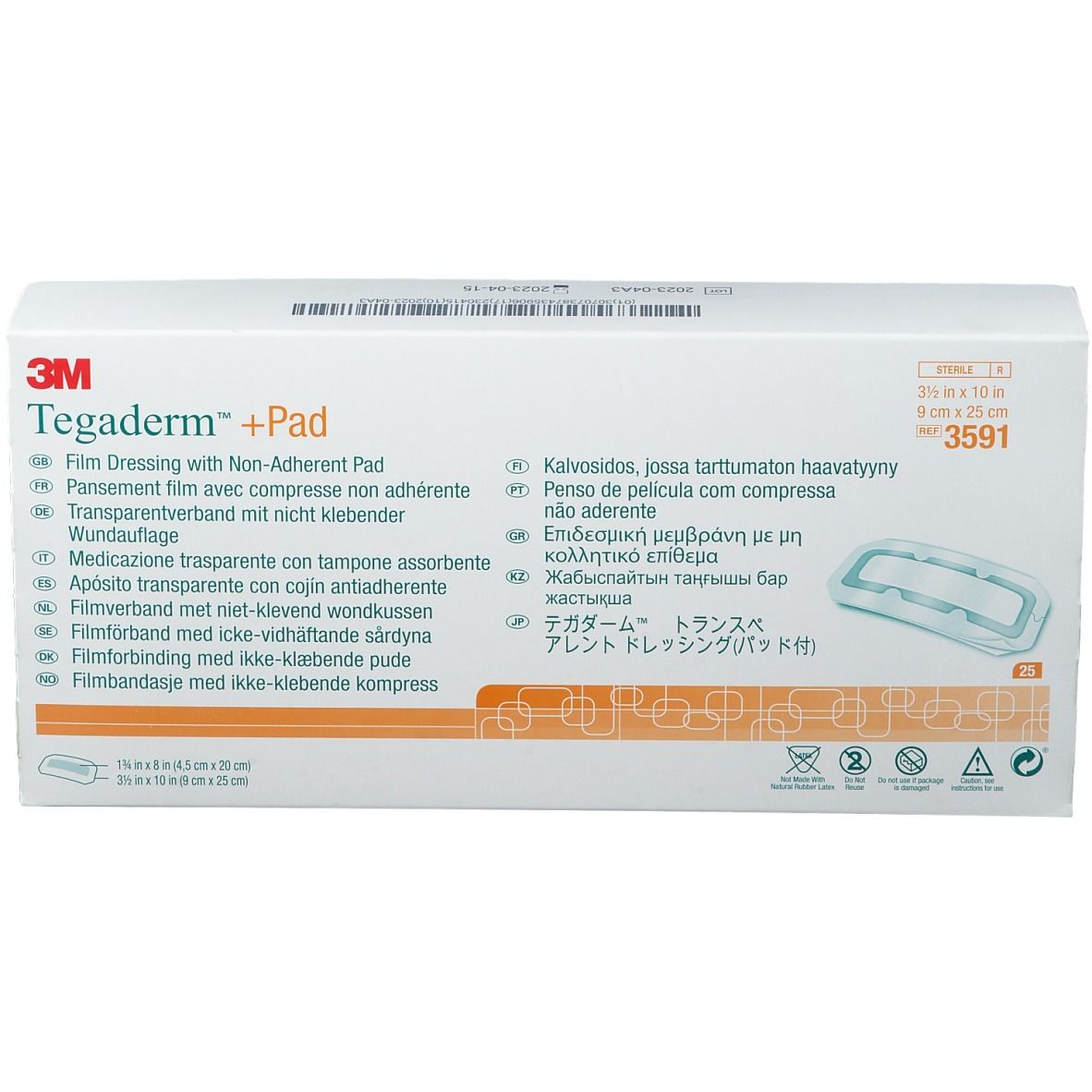 Vue de face de l'emballage 3M Tegaderm + Pad. Nom du produit, taille et illustration.