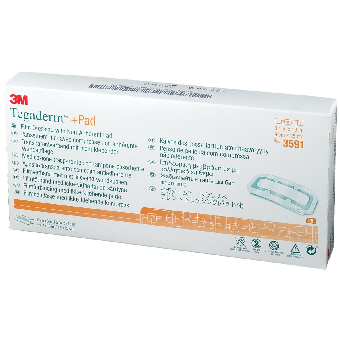 Vue de face de l'emballage 3M Tegaderm + Pad. Nom du produit, taille et illustration.
