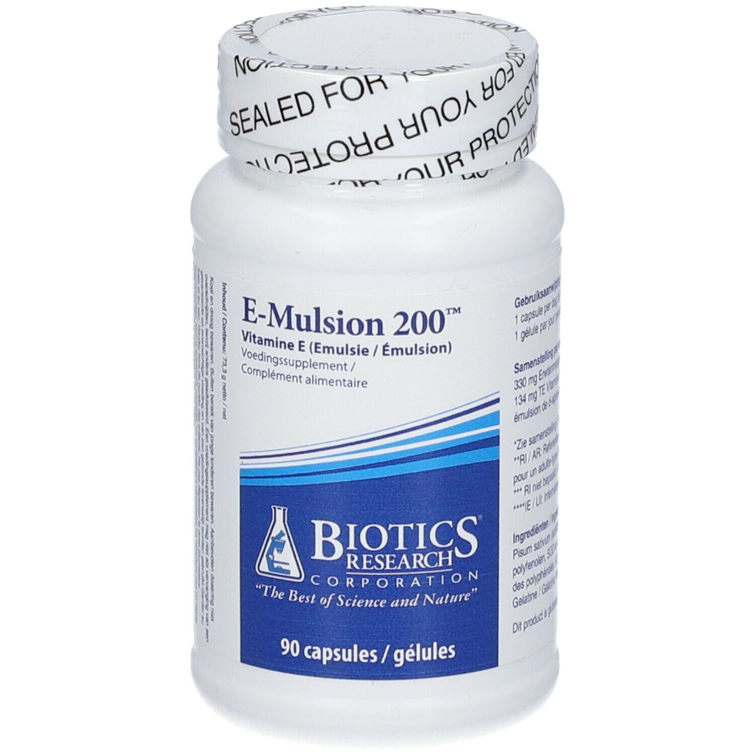 Flacone bianco con tappo a vite. Scritta: E-Mulsion 200, Vitamina E. Logo BIOTICS RESEARCH. 90 capsule.