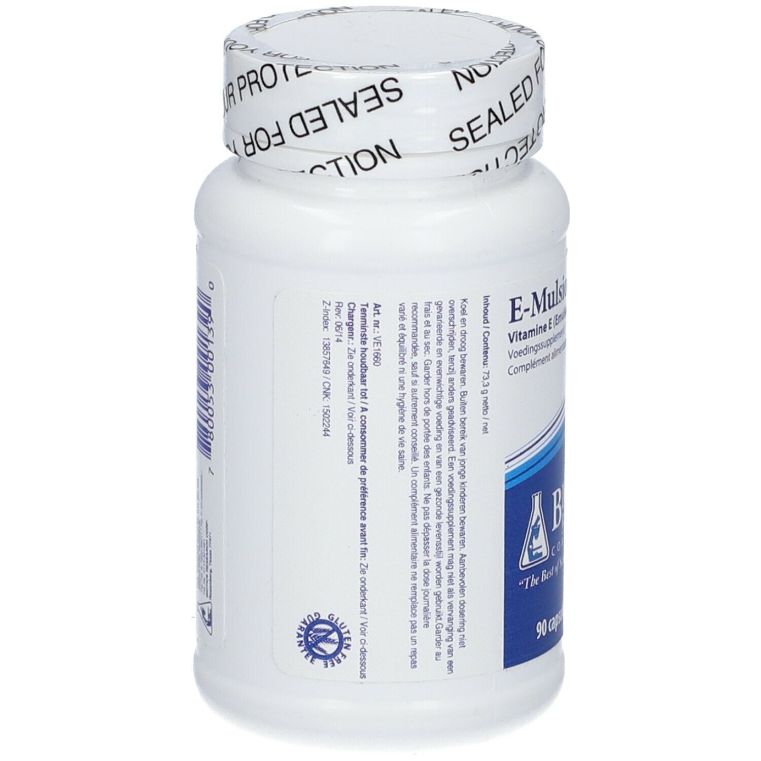 Retro di un flacone bianco con tappo a vite. Testo e logo BIOTICS RESEARCH. 90 capsule.