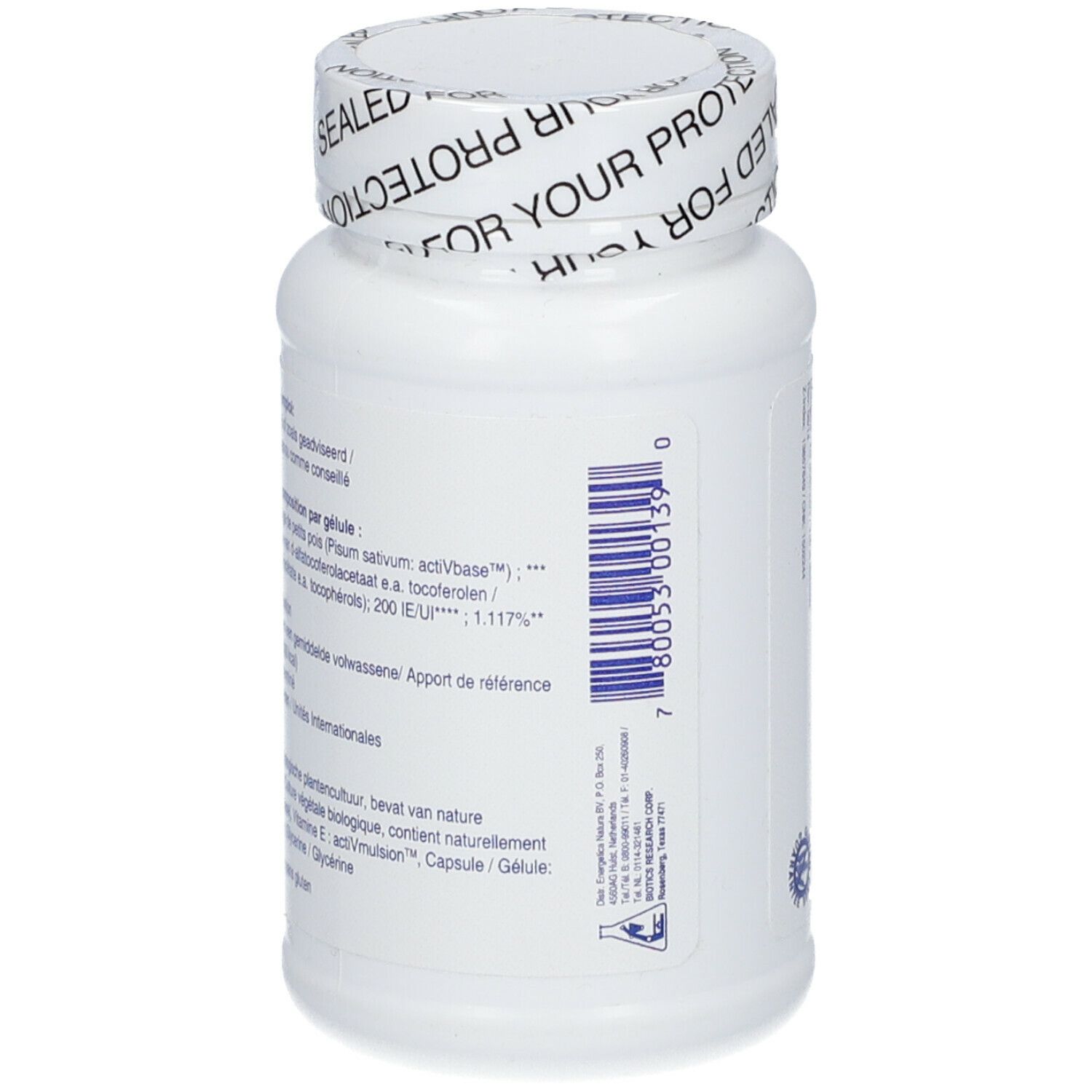 Retro di un flacone bianco con tappo a vite. Testo con ingredienti e logo BIOTICS RESEARCH.