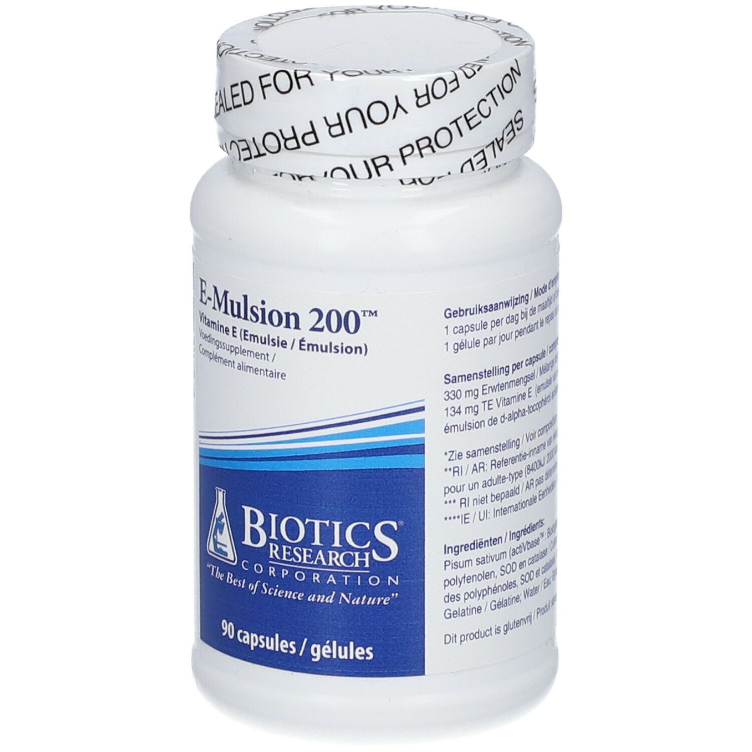 Flacone bianco con tappo a vite. Scritta: E-Mulsion 200, Vitamina E. Logo BIOTICS RESEARCH. 90 capsule.