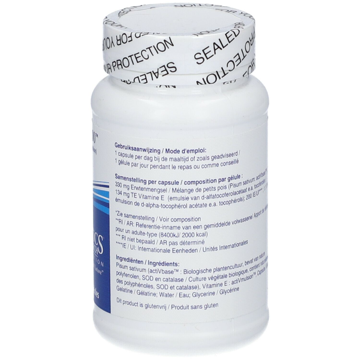 Retro di un flacone bianco con tappo a vite. Testo con ingredienti e logo BIOTICS RESEARCH.