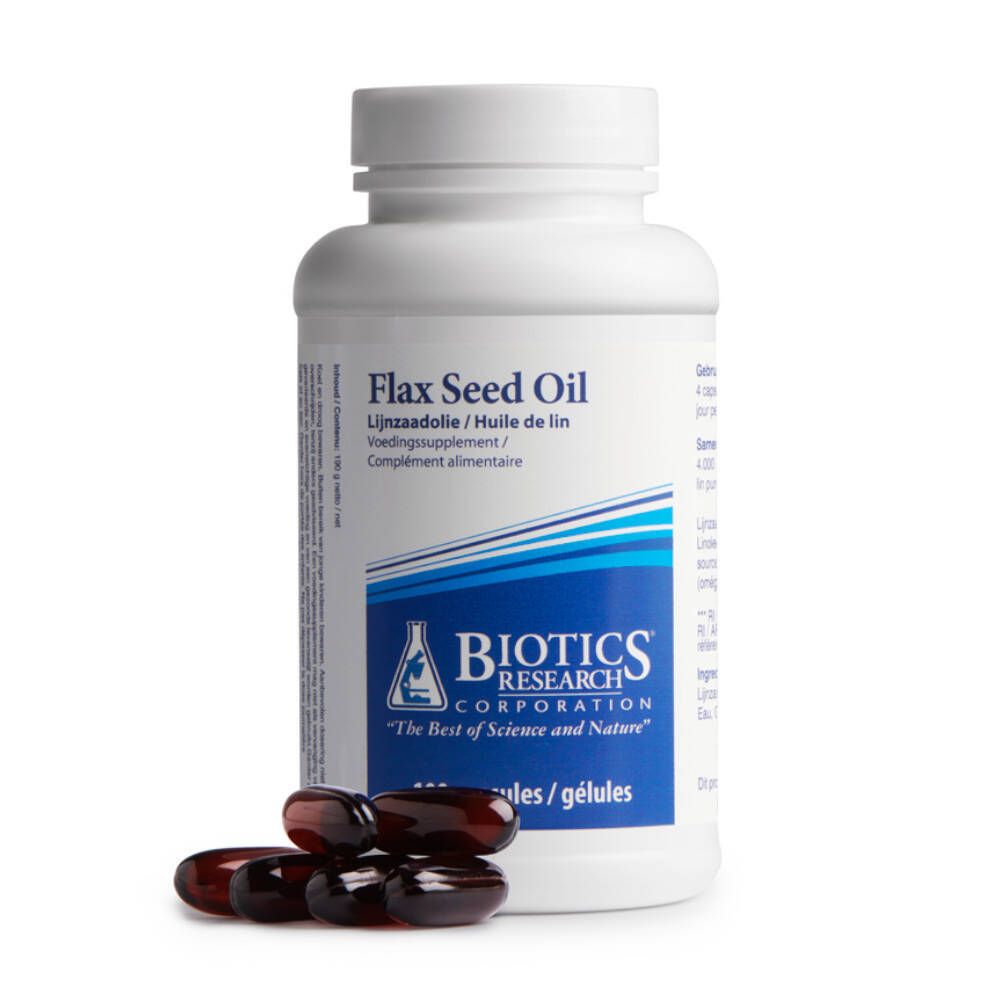 Weiße Flasche mit Kapseln und einige Kapseln daneben. Aufschrift: Flax Seed Oil, Biotics Research, 100 Kapseln.