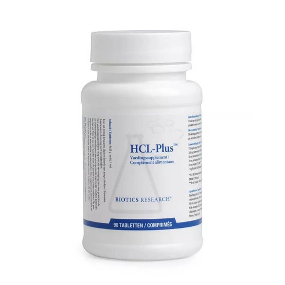 Flacon blanc avec étiquette HCL-Plus. Inscription Biotics Research. 90 comprimés. Bouchon.