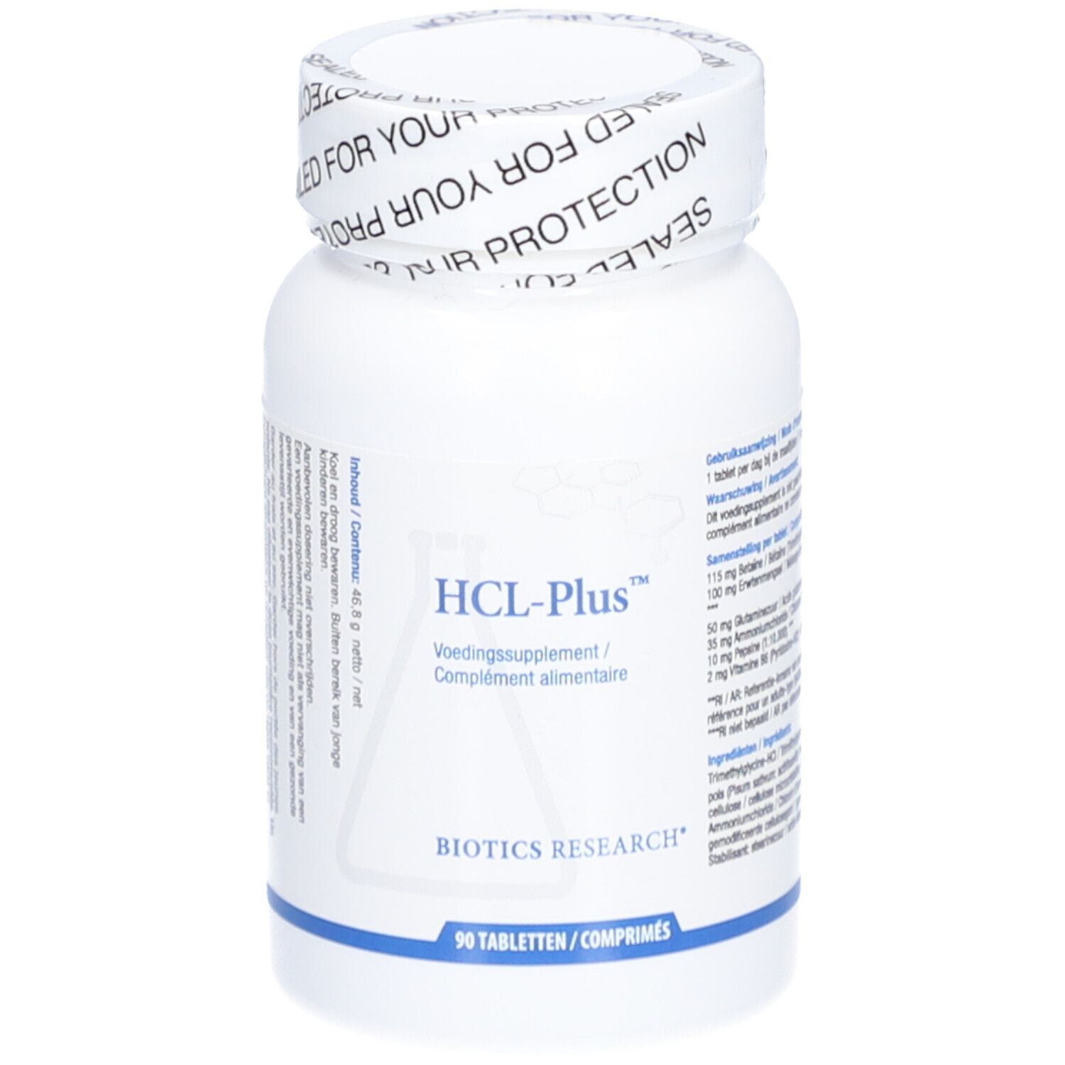 Flacon blanc avec étiquette HCL-Plus. Inscription Biotics Research. 90 comprimés. Bouchon scellé.