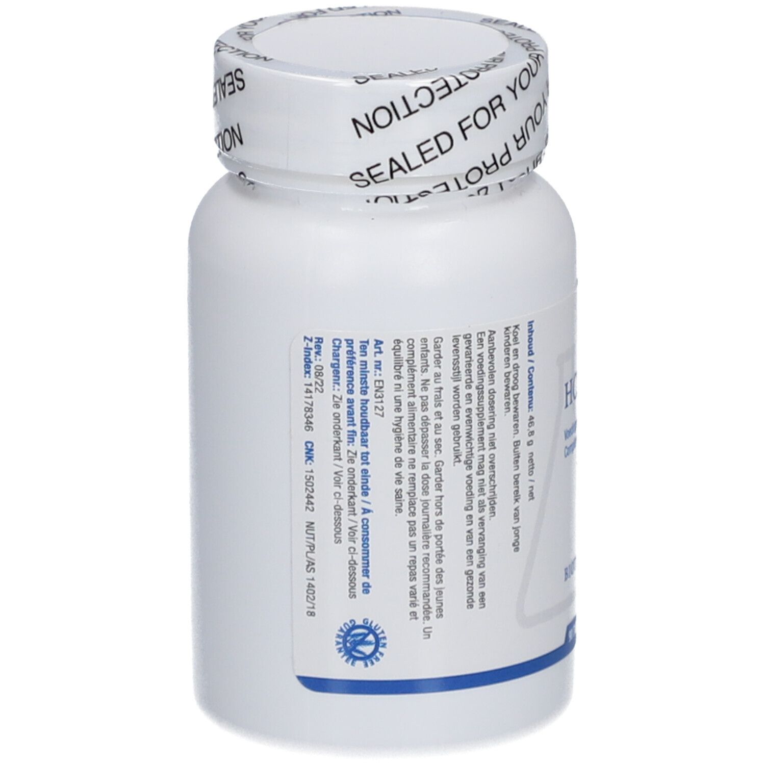 Flacon blanc avec texte. Bouchon scellé. Inscription : Sealed for your protection.