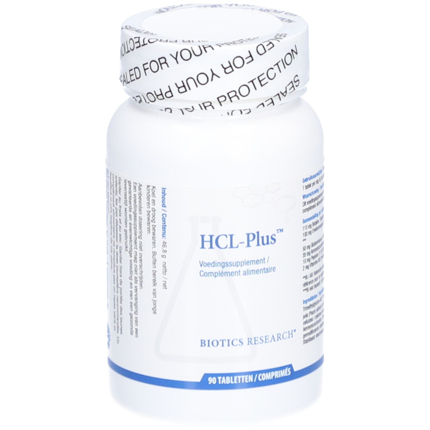 Flacon blanc avec étiquette HCL-Plus. Inscription Biotics Research. 90 comprimés. Bouchon scellé.