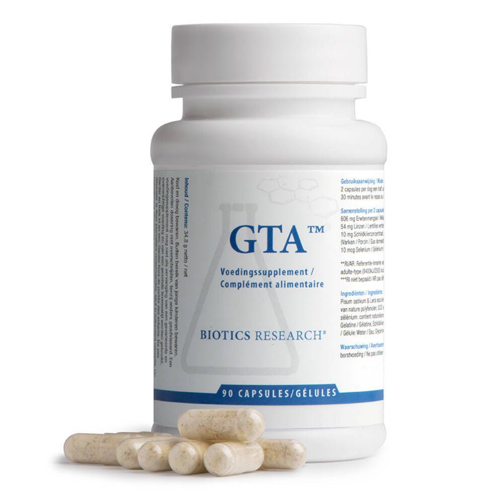 Witte fles met capsules en losse capsules ernaast. Opschrift: GTA, Voedingssupplement/Complément alimentaire, Biotics Research. 90 Capsules.