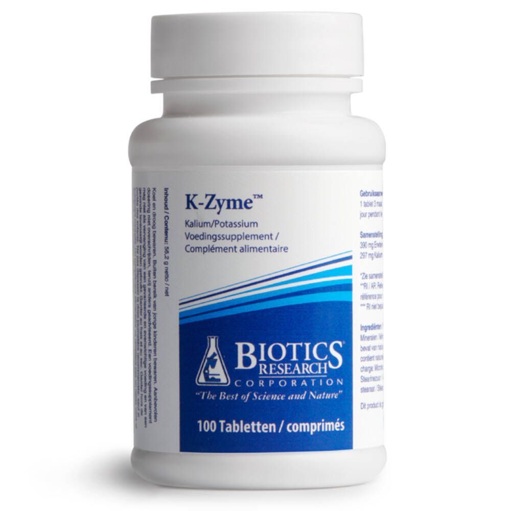 Flacon de comprimés blanc avec étiquette bleu et blanc. Inscription : K-Zyme, Biotics Research Corporation. 100 comprimés.