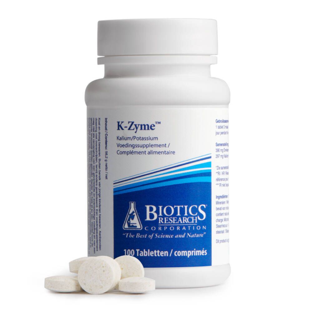 Flacon de comprimés blanc avec étiquette bleu et blanc et comprimés à côté. Inscription : K-Zyme, Biotics Research Corporation. 100 comprimés.