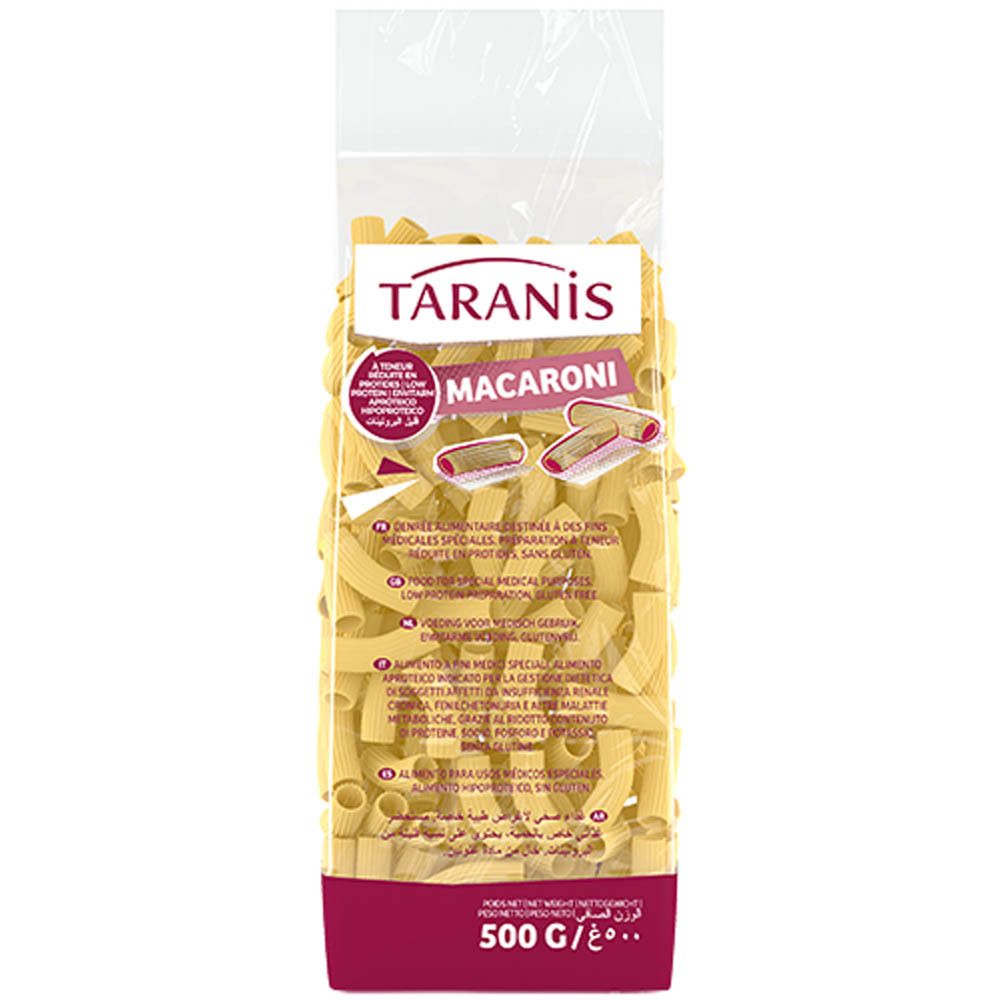 Sachet transparent de macaroni. Inscription: Taranis Macaroni. Texte multilingue. Sans gluten. 500g.