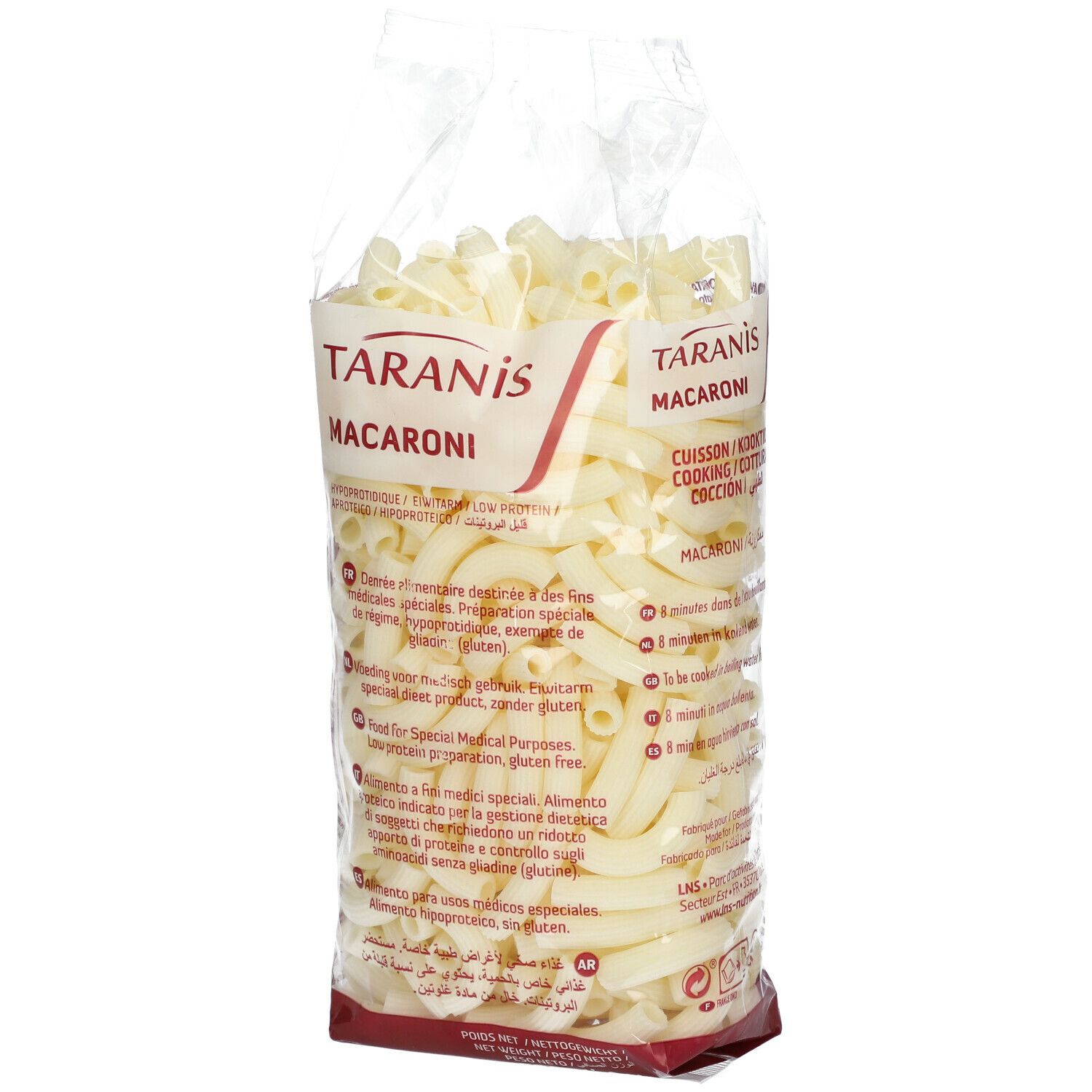 Sachet transparent de macaroni. Inscription: Taranis Macaroni. Texte multilingue. Sans gluten.