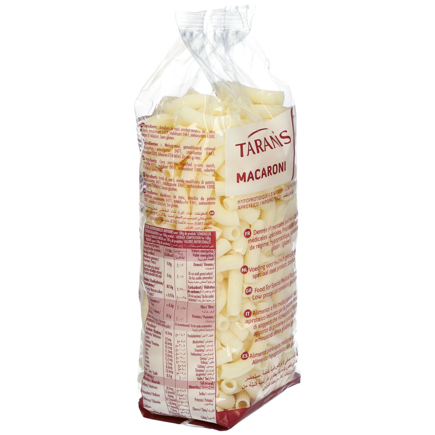Dos du sachet transparent de macaroni. Inscription: Taranis Macaroni. Texte multilingue. Sans gluten.