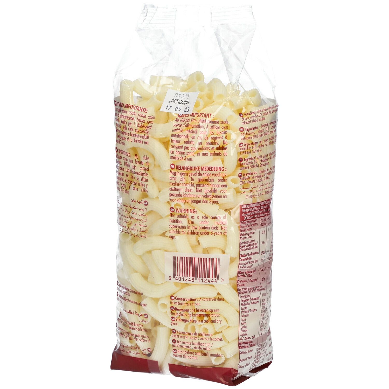 Dos du sachet transparent de macaroni. Inscription: Taranis Macaroni. Texte multilingue. Sans gluten. Code-barres.