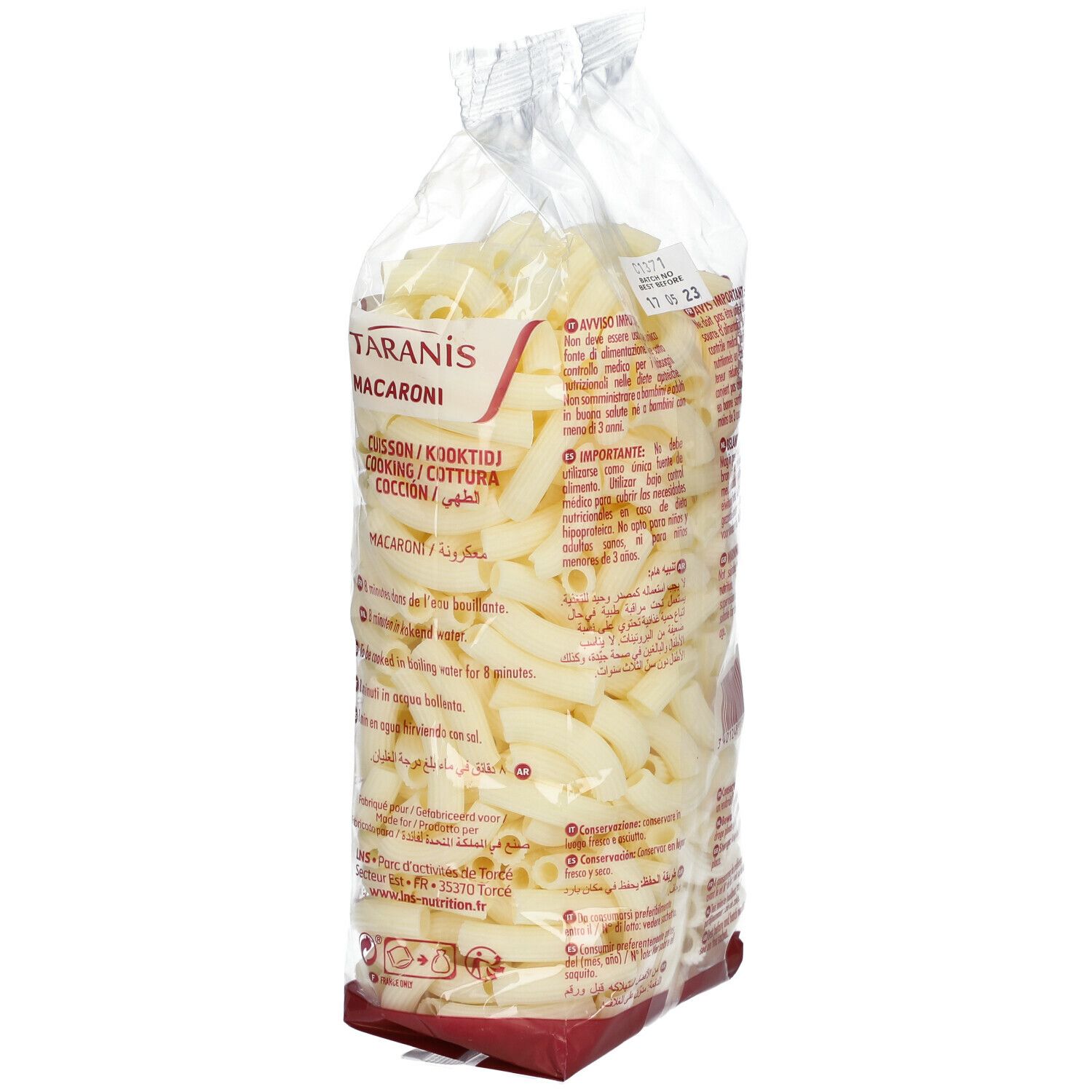 Sachet transparent de macaroni. Inscription: Taranis Macaroni. Texte multilingue. Sans gluten. Date de péremption.
