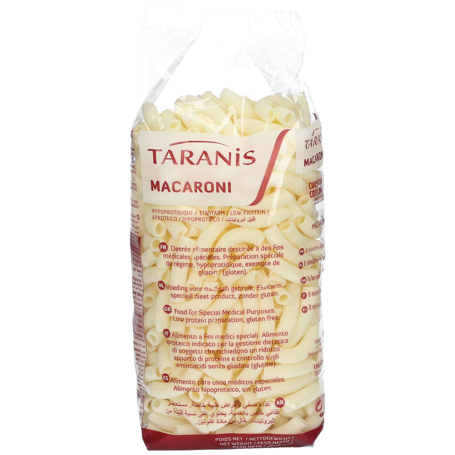 Sachet transparent de macaroni. Inscription: Taranis Macaroni. Texte multilingue. Sans gluten. Hypoprotéique.