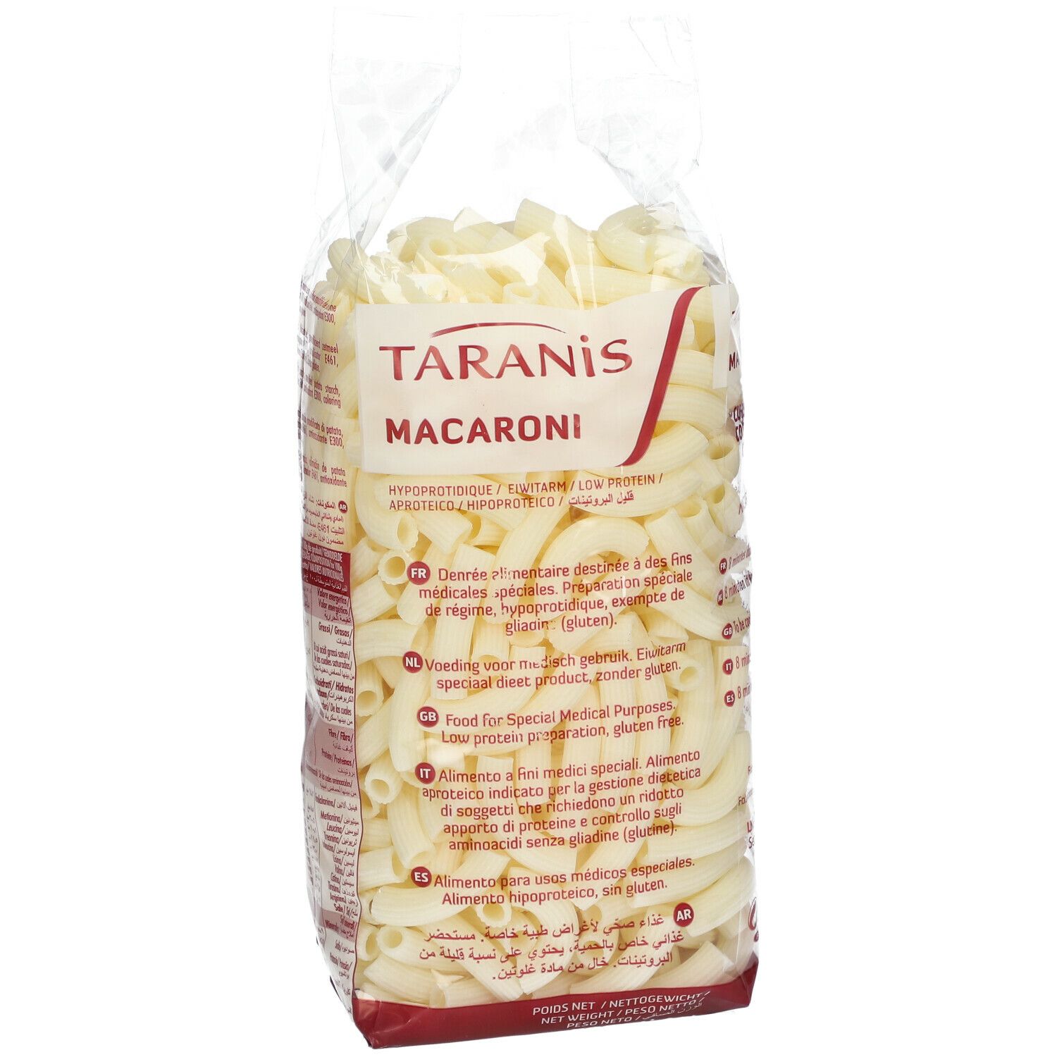 Sachet transparent de macaroni. Inscription: Taranis Macaroni. Texte multilingue. Sans gluten. Hypoprotéique.