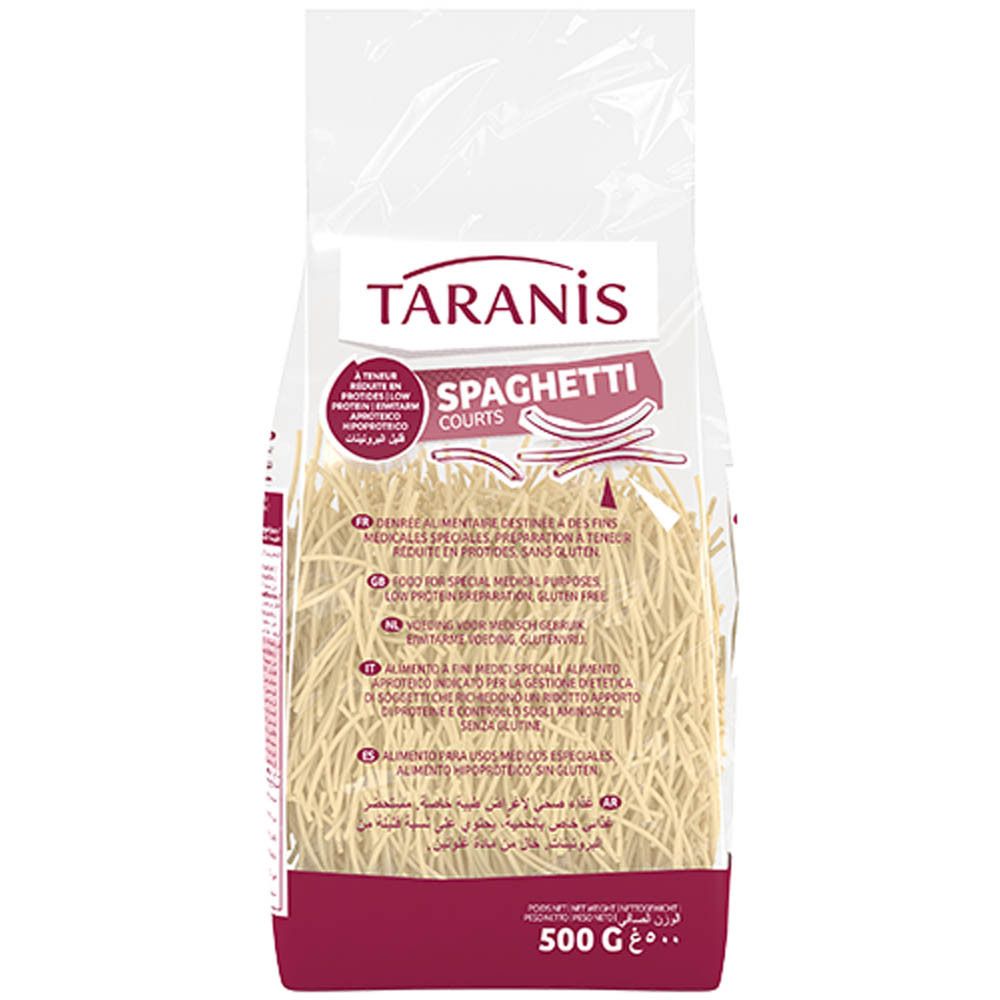 Sachet transparent de spaghettis. Inscription : Taranis, Spaghetti Courts. Bande rouge en bas. Contenu visible.