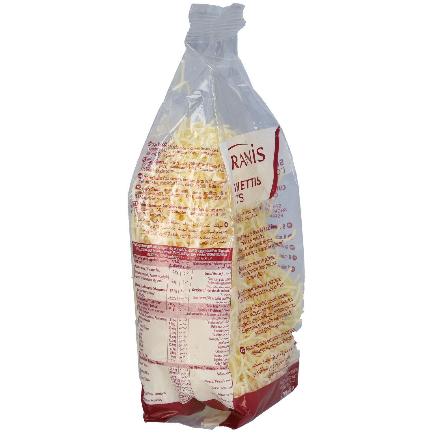 Sachet transparent de spaghettis. Dos avec informations nutritionnelles et texte. Bande rouge en bas.
