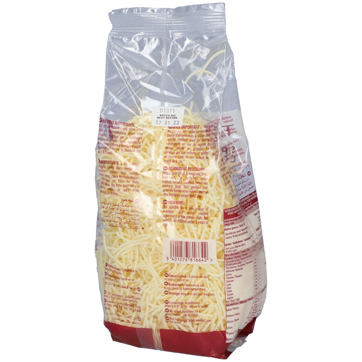 Sachet transparent de spaghettis. Dos avec texte et date de péremption. Bande rouge en bas.