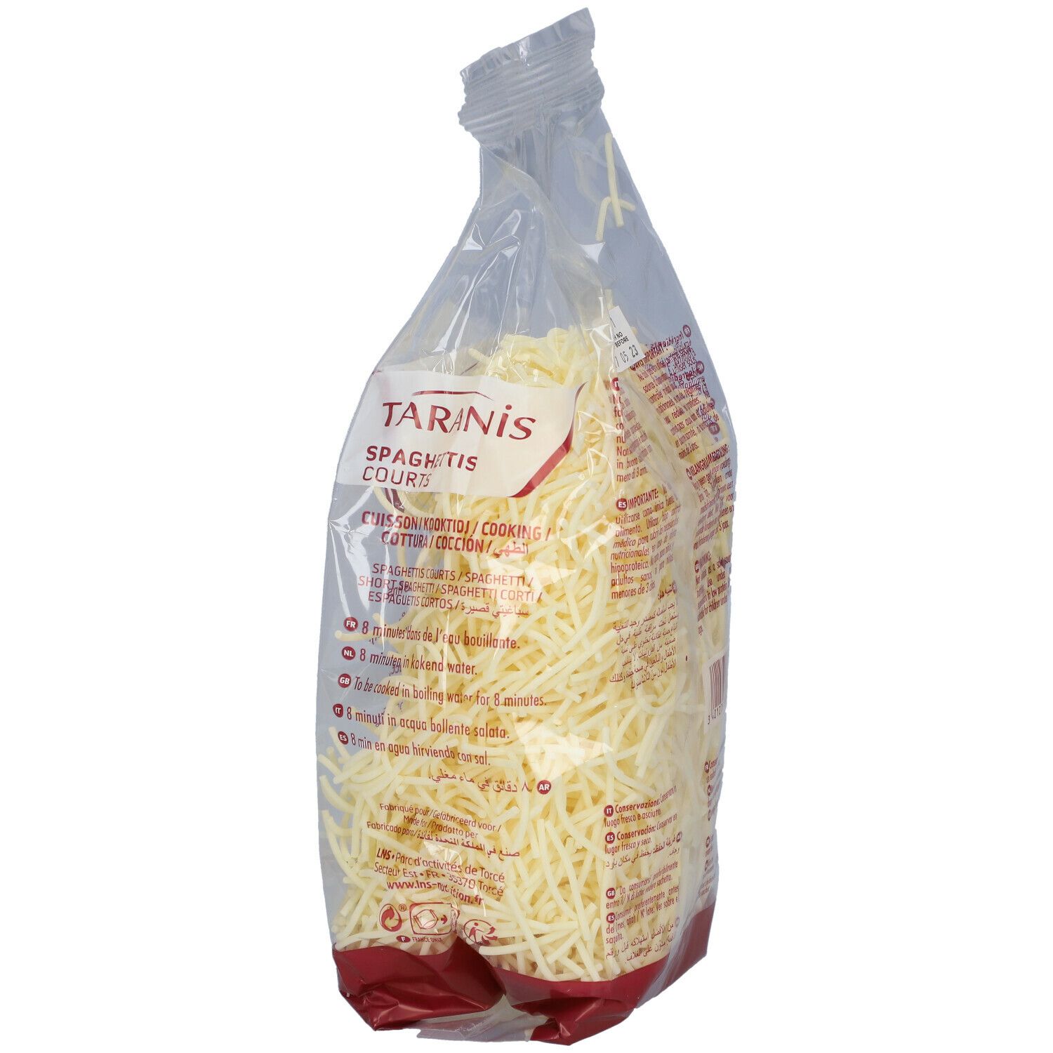 Sachet transparent de spaghettis. Inscription : Taranis, Spaghetti Courts. Bande rouge en bas. Contenu visible.