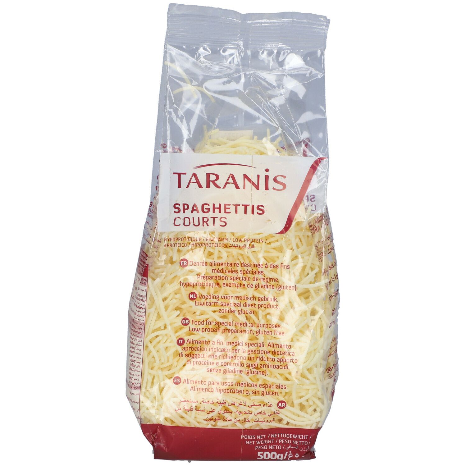 Sachet transparent de spaghettis. Inscription : Taranis, Spaghetti Courts. Bande rouge en bas. Contenu visible.