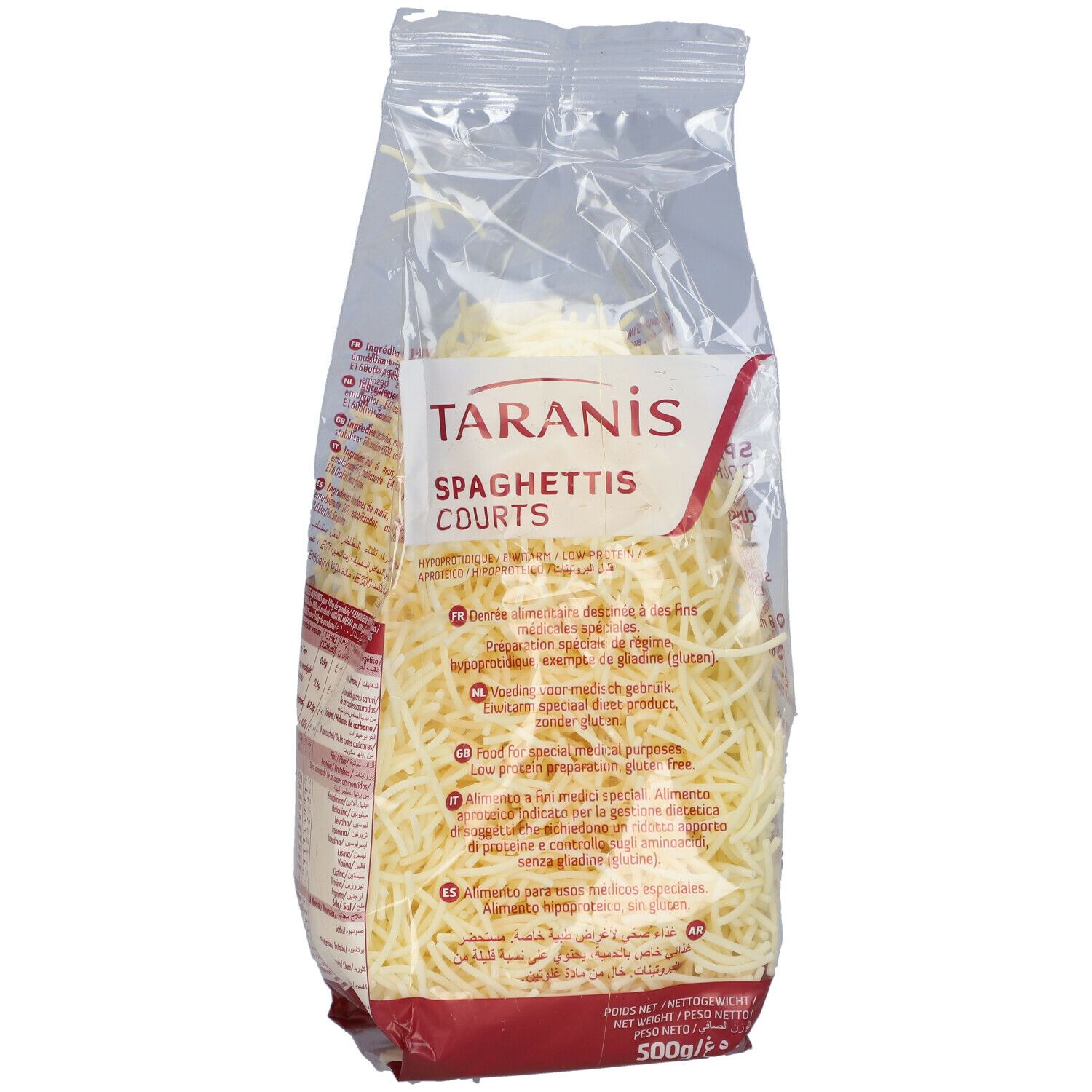 Sachet transparent de spaghettis. Inscription : Taranis, Spaghetti Courts. Bande rouge en bas. Contenu visible.