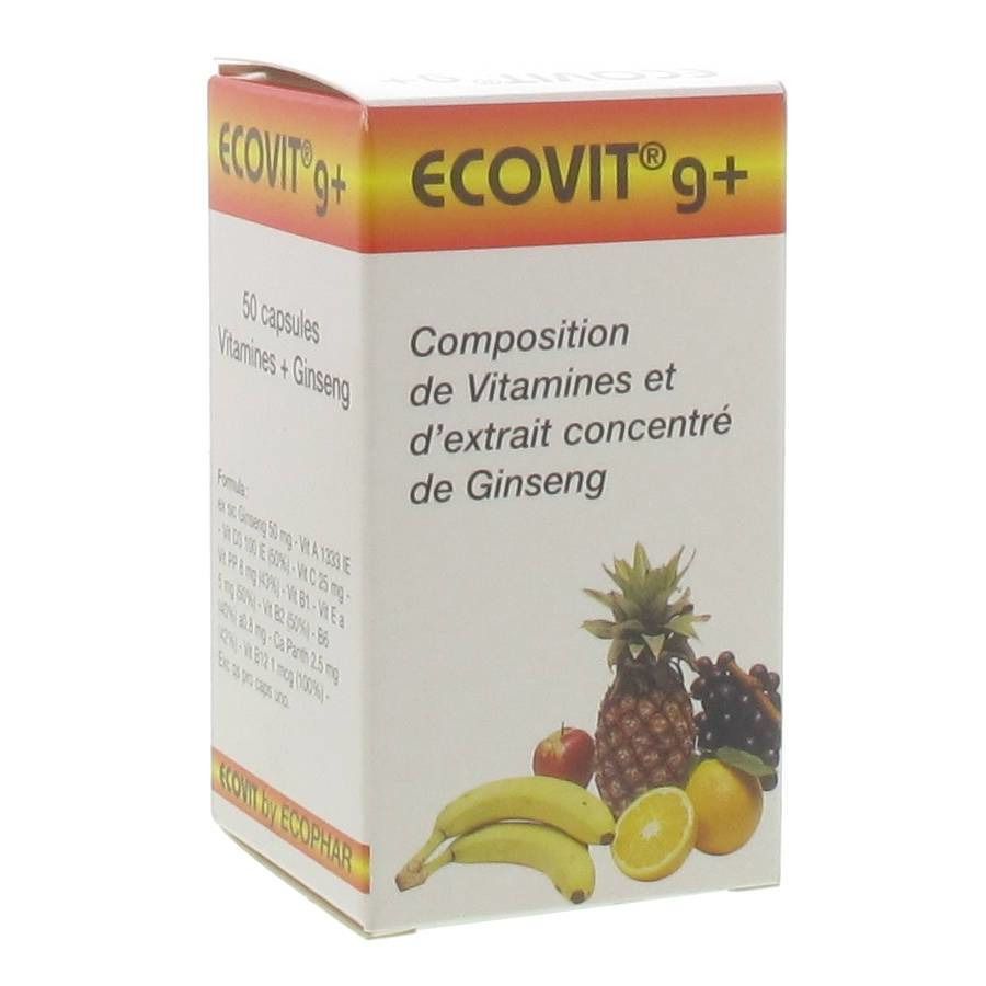 Boîte de gélules ECOVIT 9+. Inscription : Composition de vitamines et extrait de ginseng. Illustration de fruits.