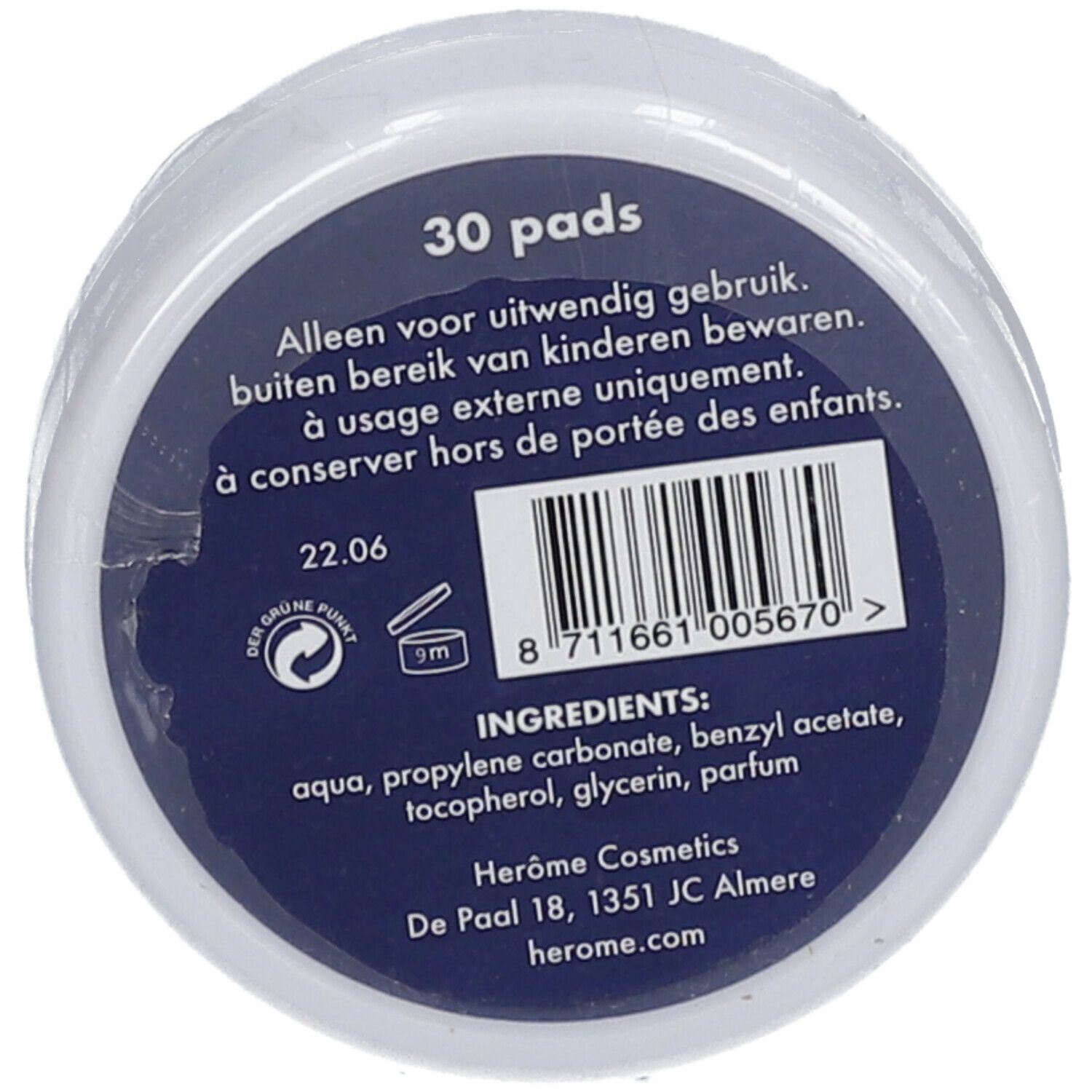 Rückseite der Dose. Aufschrift: 30 pads. Inhaltsstoffe, Herstelleradresse, Barcode und Haltbarkeitsdatum 22.06.