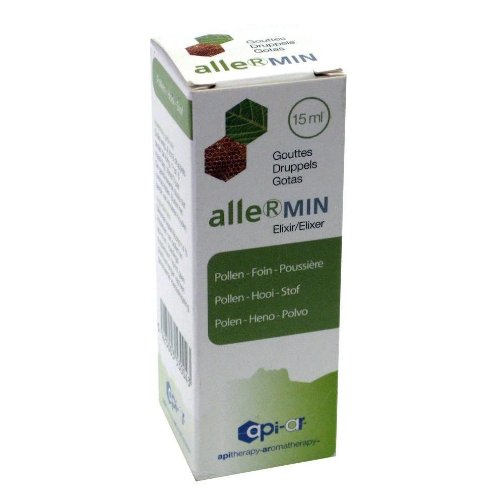 Kartonnen doos met productnaam allerRMIN. Bevat 15 ml. Tekst in het Frans, Nederlands en Spaans.