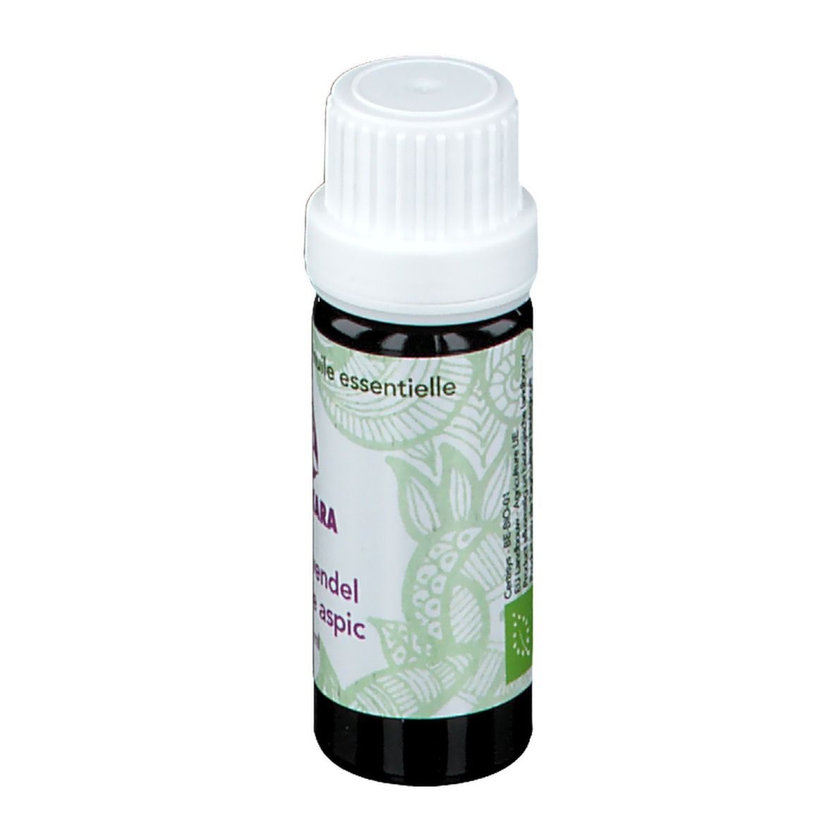 Flacon brun avec bouchon blanc. Étiquette SJANKARA, Lavande aspic, 11 ml. Avec label bio.