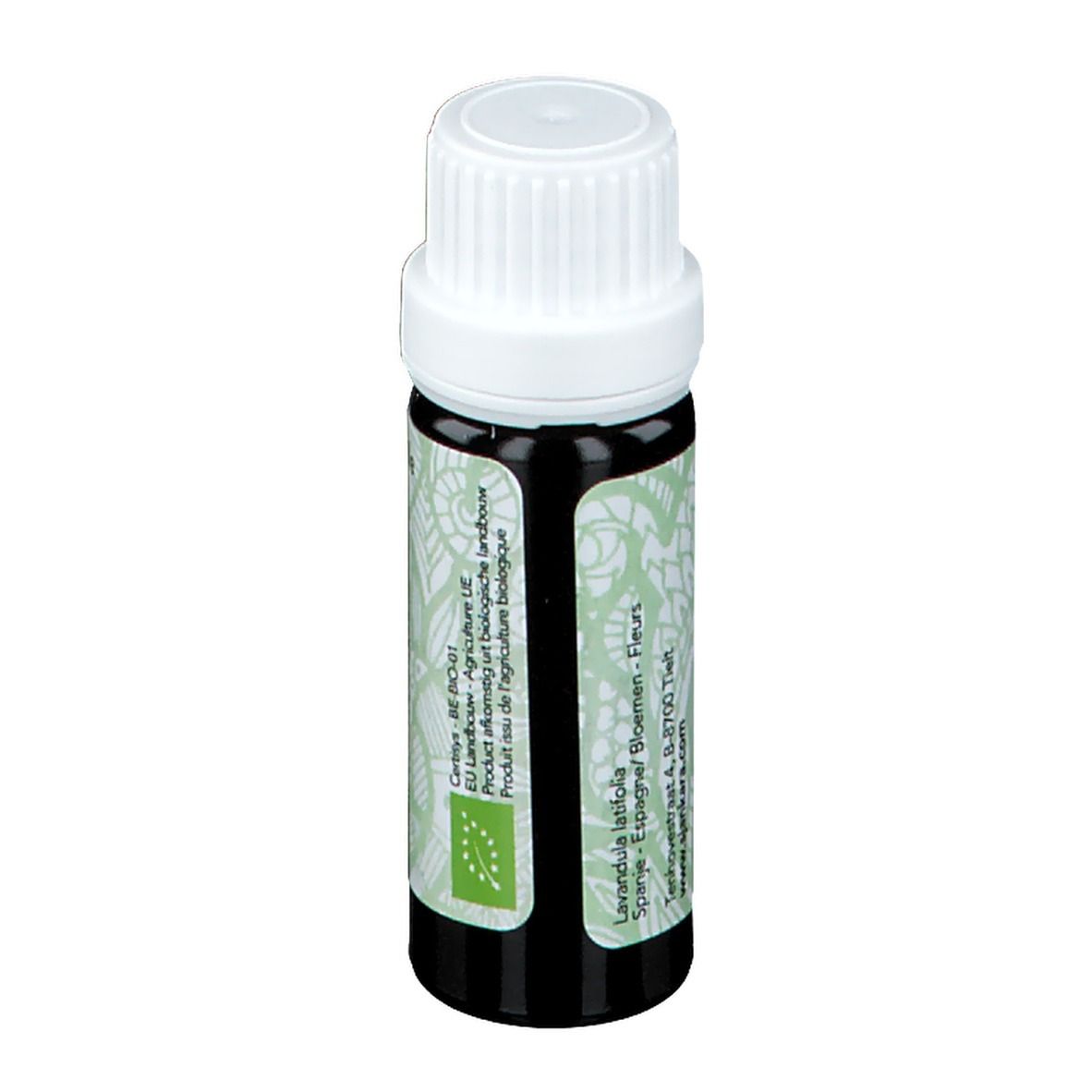 Flacon brun avec bouchon blanc. Étiquette SJANKARA, Lavande aspic, 11 ml. Texte et label bio.