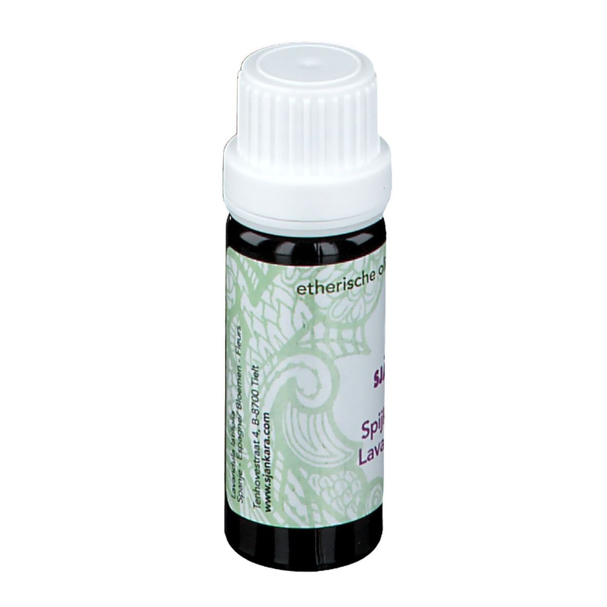 Flacon brun avec bouchon blanc. Étiquette SJANKARA, Lavande aspic, 11 ml. Adresse et texte.