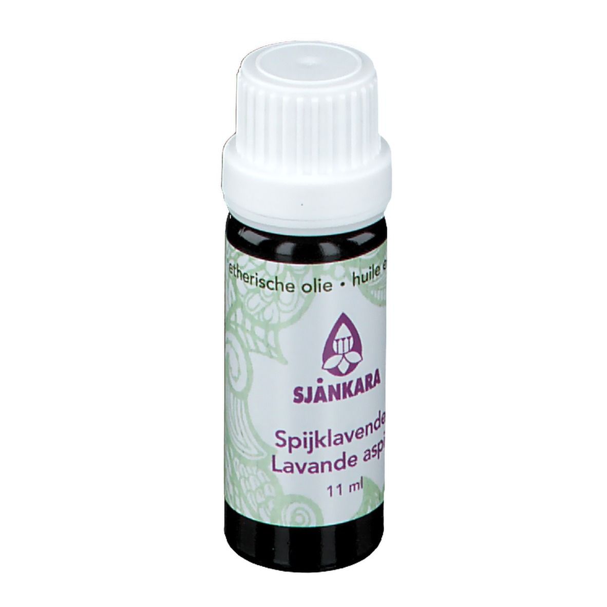 Flacon brun avec bouchon blanc. Étiquette SJANKARA, Lavande aspic, 11 ml. Texte en allemand, français, néerlandais.