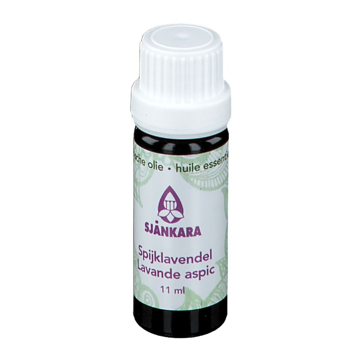 Flacon brun avec bouchon blanc. Étiquette SJANKARA, Lavande aspic, 11 ml. Texte en allemand, français, néerlandais.