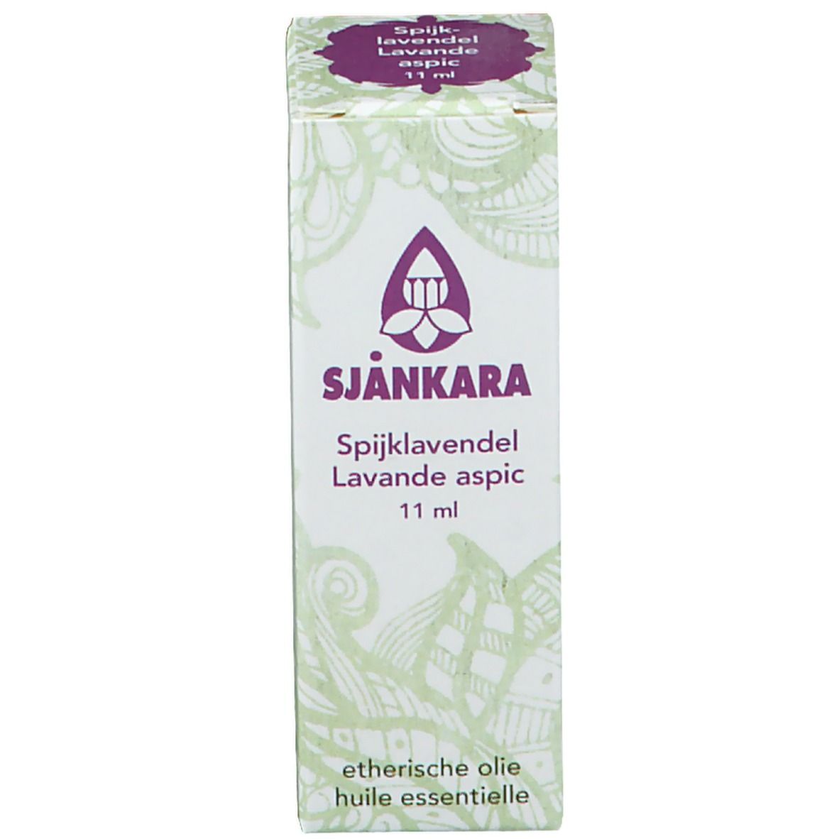 Emballage carton avec SJANKARA, Lavande aspic, 11 ml. Texte en allemand, français, néerlandais. Logo.