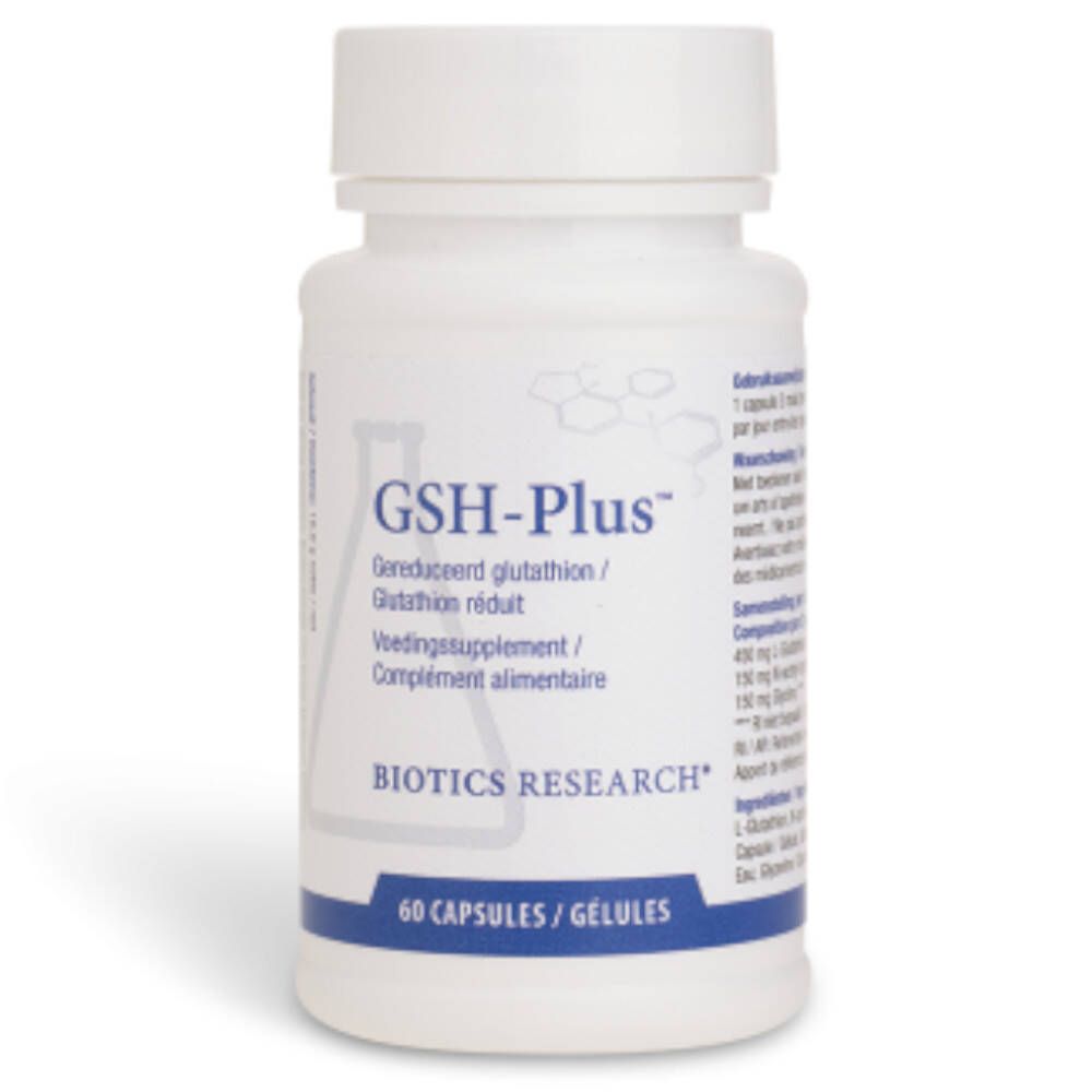 Witte capsulefles met opschrift GSH-Plus. Bevat 60 capsules. Merk: Biotics Research.