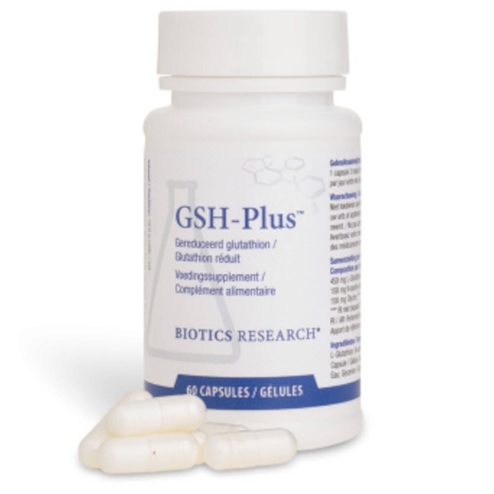 Witte capsulefles met GSH-Plus opschrift en enkele losse capsules. Merk: Biotics Research.