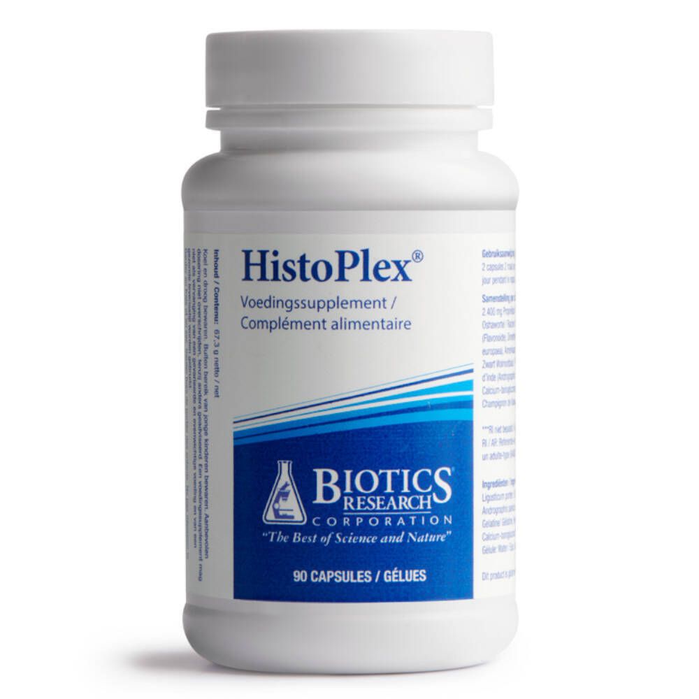 Weiße Flasche mit Kapseln. Aufschrift: HistoPlex, Voedingssupplement/Complément alimentaire. Logo: Biotics Research Corporation. 90 Kapseln.